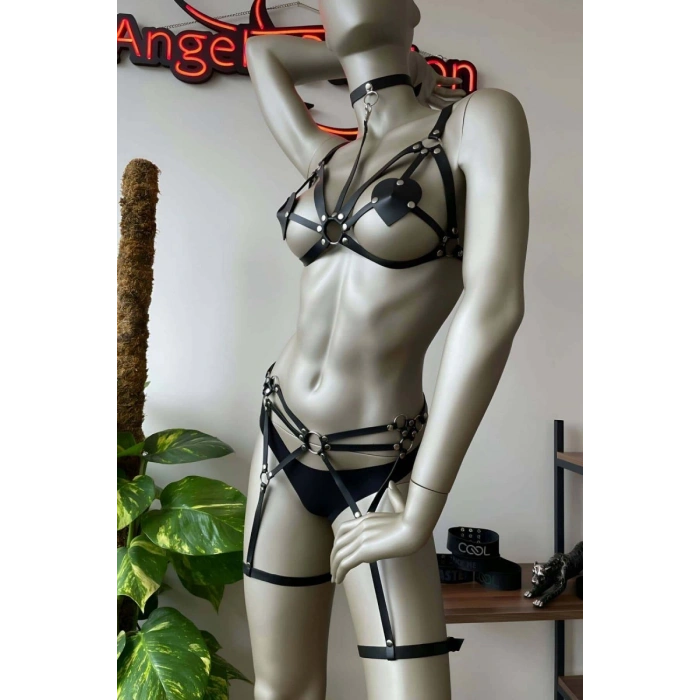 Deri Jartiyer Siyah Harness Takım - 451