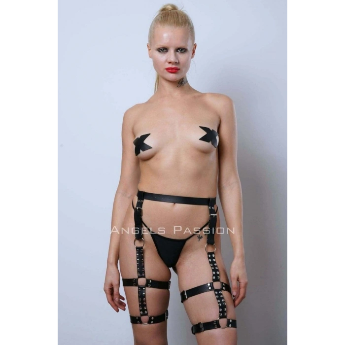 Deri Kemer Bacak Harness, Perçin Detaylı Deri Bacak Jartiyer - 862