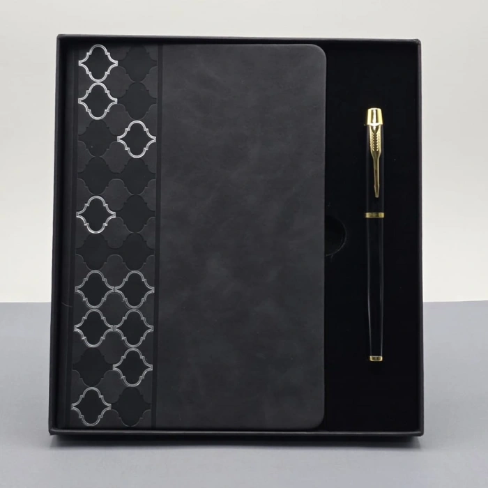 Desenli Siyah Deri Defter Kalem Set