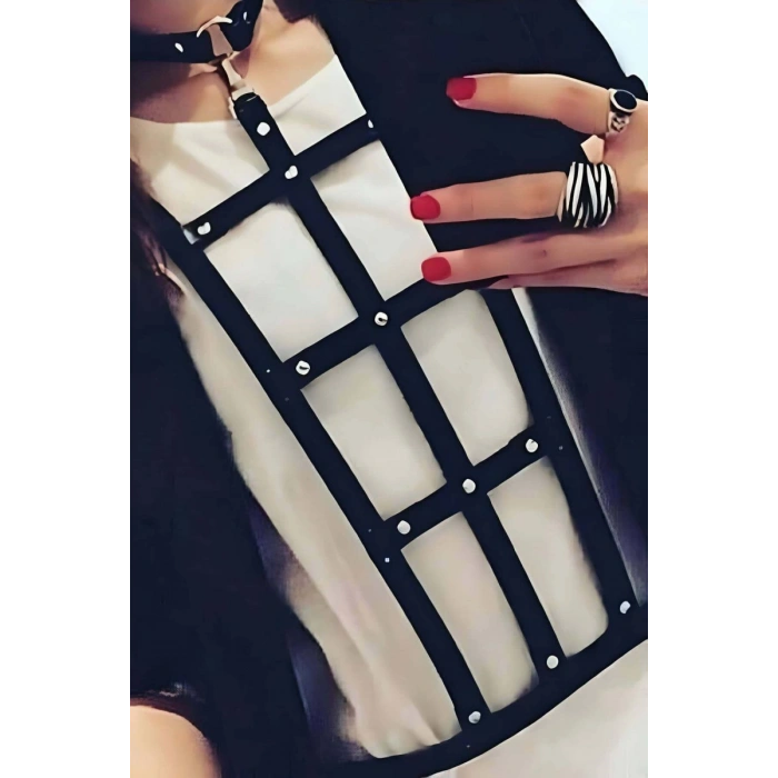 Dikdörtgen Detaylı Şık Deri Harness - 4