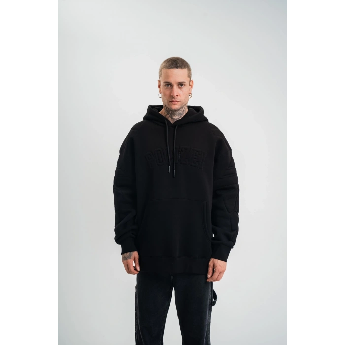 Double Oversize Kapşonlu Nakışlı SweatShirt - Siyah