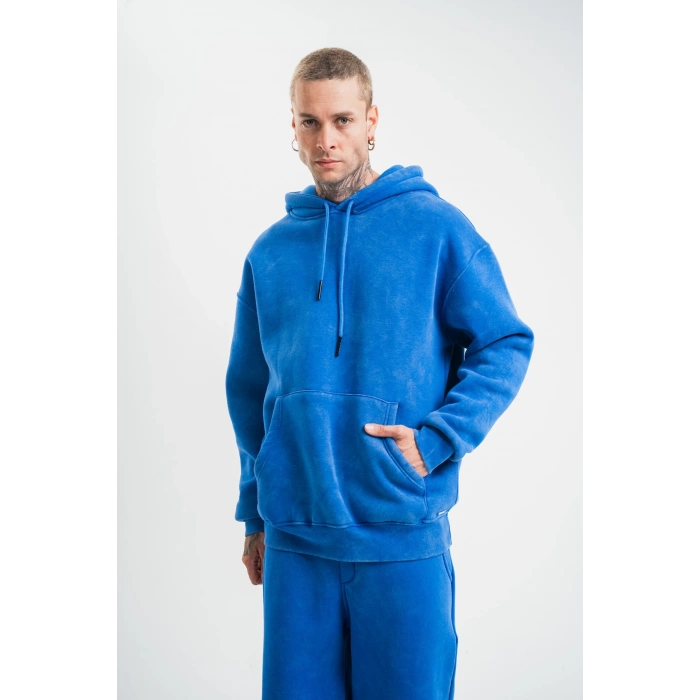 Double Oversize Kapşonlu Yıkamalı SweatShirt - Mavi -