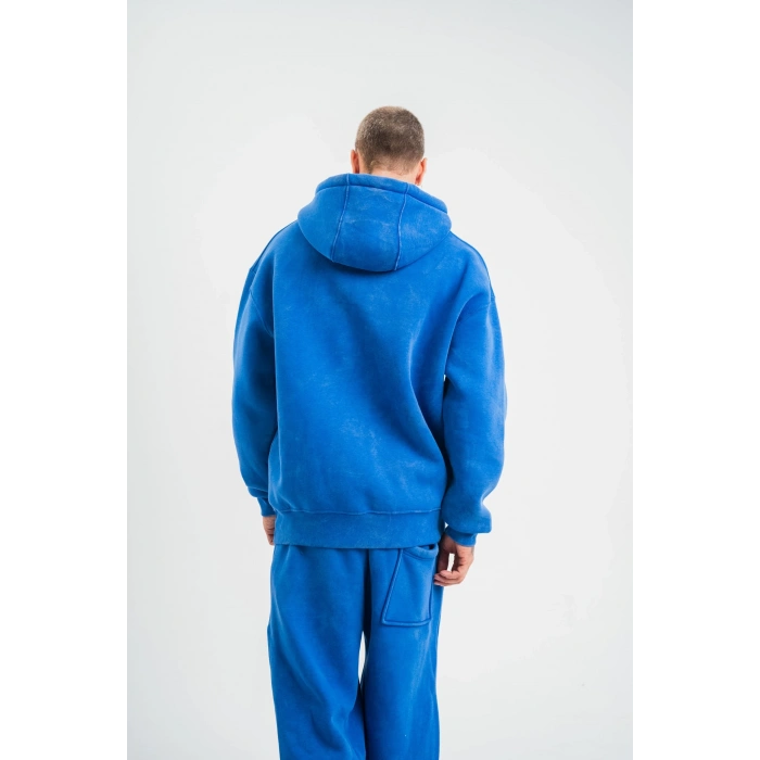 Double Oversize Kapşonlu Yıkamalı SweatShirt - Mavi -