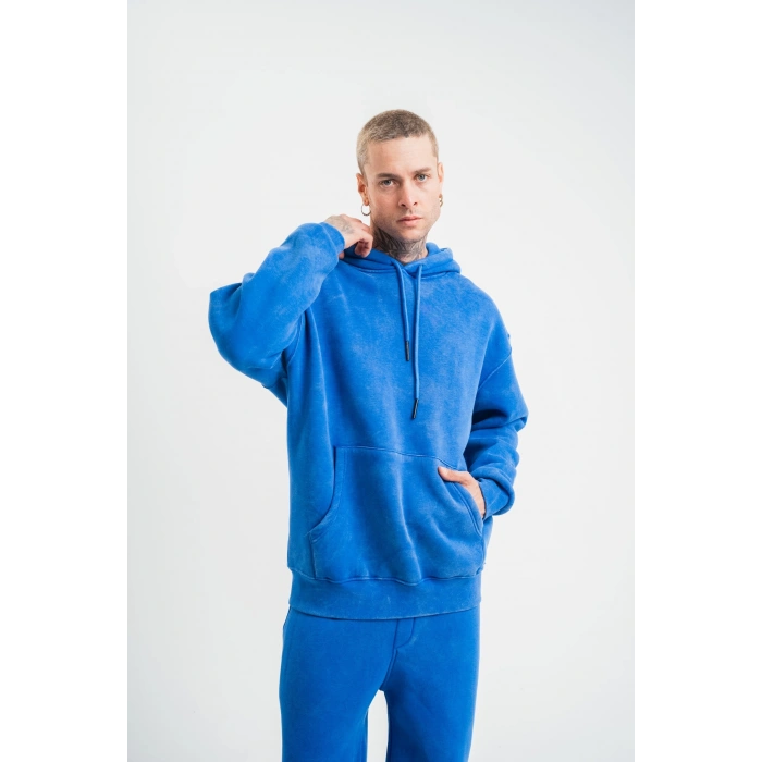 Double Oversize Kapşonlu Yıkamalı SweatShirt - Mavi -