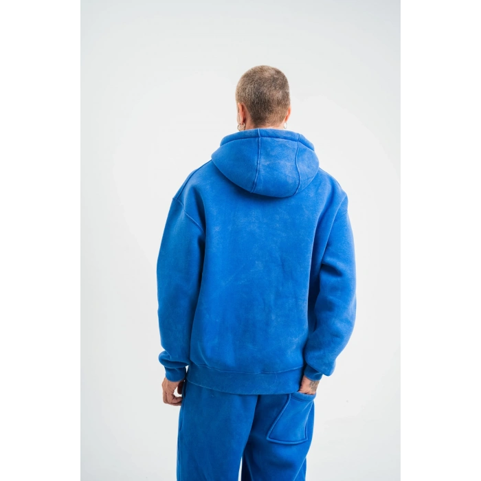 Double Oversize Kapşonlu Yıkamalı SweatShirt - Mavi -