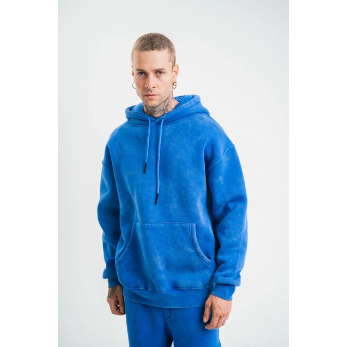 Double Oversize Kapşonlu Yıkamalı SweatShirt - Mavi -
