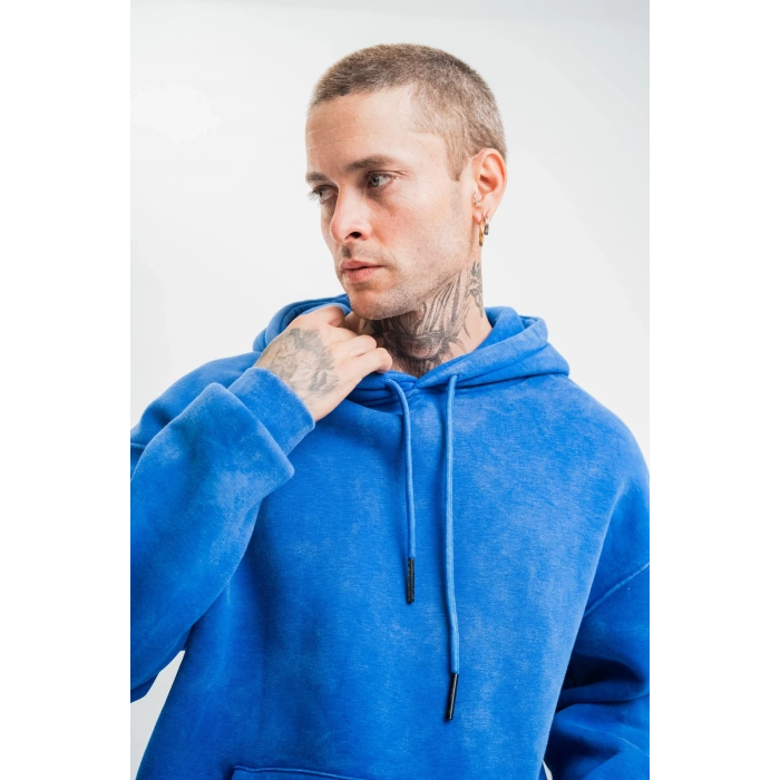 Double Oversize Kapşonlu Yıkamalı SweatShirt - Mavi -