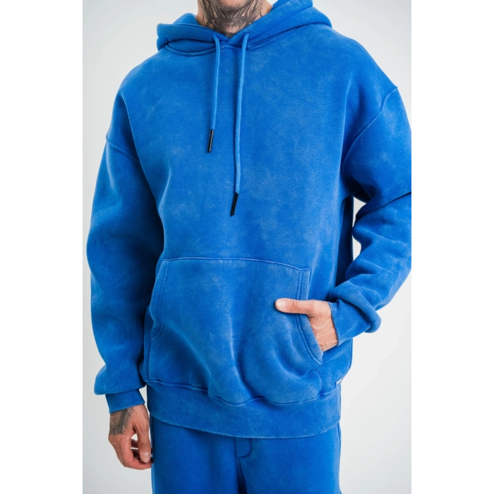 Double Oversize Kapşonlu Yıkamalı SweatShirt - Mavi -