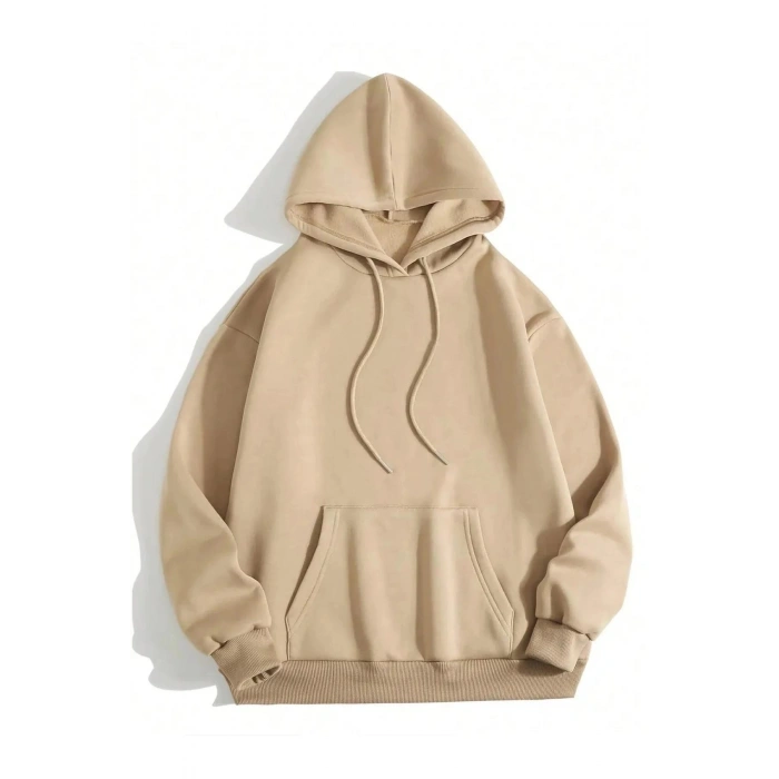 Düz Kapüşonlu Sweat - Bej -