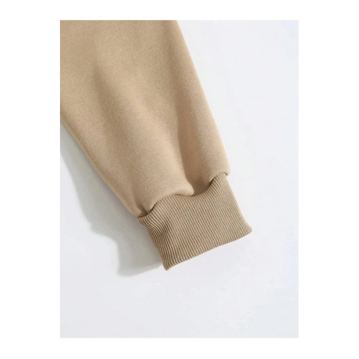 Düz Kapüşonlu Sweat - Bej -