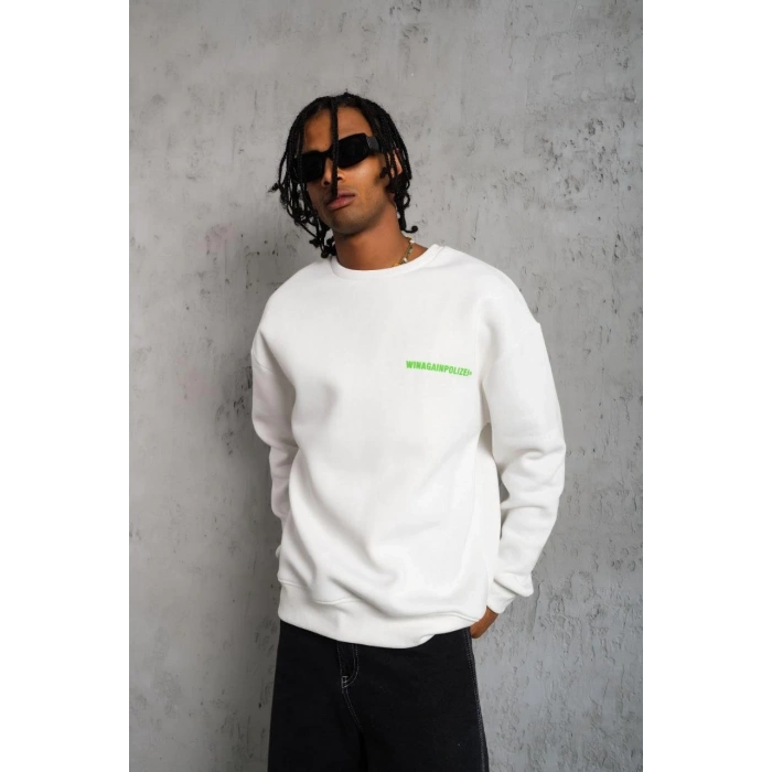 Erkek 3 iplik Bisiklet yaka Baskılı Sweatshirt - Beyaz
