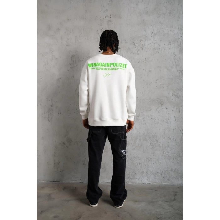 Erkek 3 iplik Bisiklet yaka Baskılı Sweatshirt - Beyaz