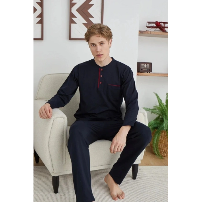 Erkek 9111 Battal  Erkek   Midi Yaka Pijama Takımı