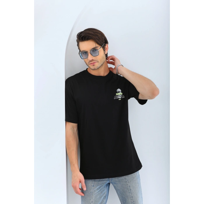 Erkek Baskılı Bisiklet Yaka Kısa kol T-Shirt - Siyah