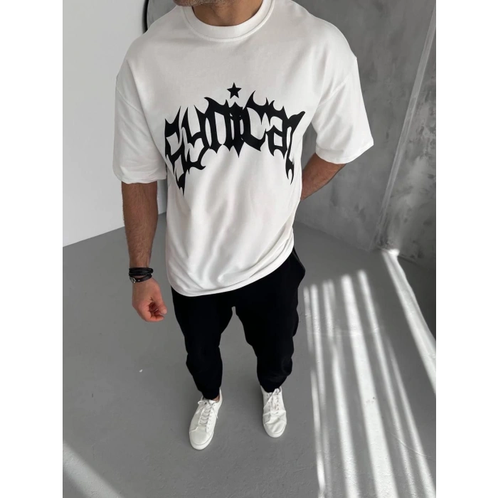 Erkek Baskılı Bisiklet Yaka T-Shirt - Beyaz