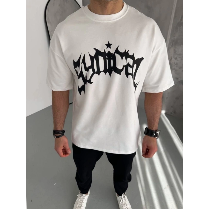 Erkek Baskılı Bisiklet Yaka T-Shirt - Beyaz