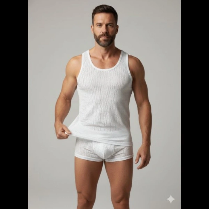 Erkek Beyaz File Tank Top Boxer Takımı