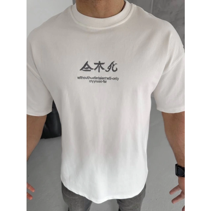 Erkek Bisiklet yaka Baskılı T-Shirt - Beyaz