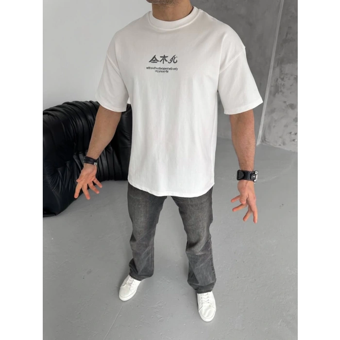 Erkek Bisiklet yaka Baskılı T-Shirt - Beyaz