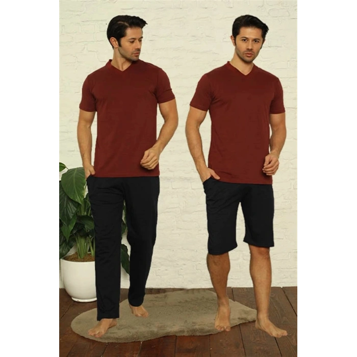 Erkek Bordo V Yaka 3lü Pijama Takım