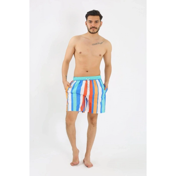 Erkek Desenli Fermuar Cepli Deniz Şortu Mavi