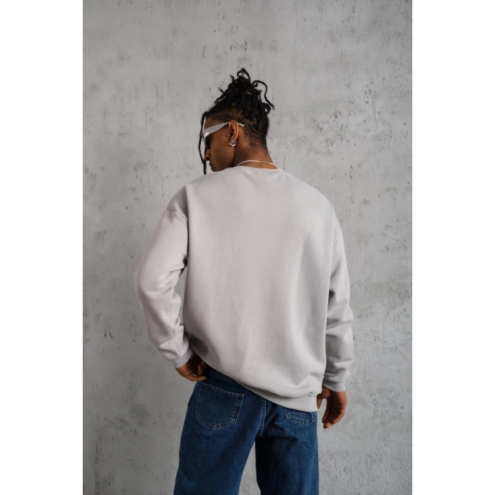 Erkek Düz Bisiklet Yaka 3 iplik Sweatshirt - Boyalı Gri
