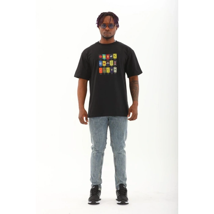 Erkek Kısa kol Baskılı Bisiklet Yaka T-Shirt - Siyah