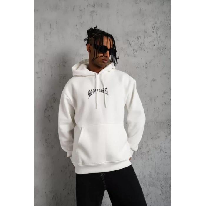 Erkek Kordon İpli Baskılı Kapüşonlu Sweatshirt - Beyaz