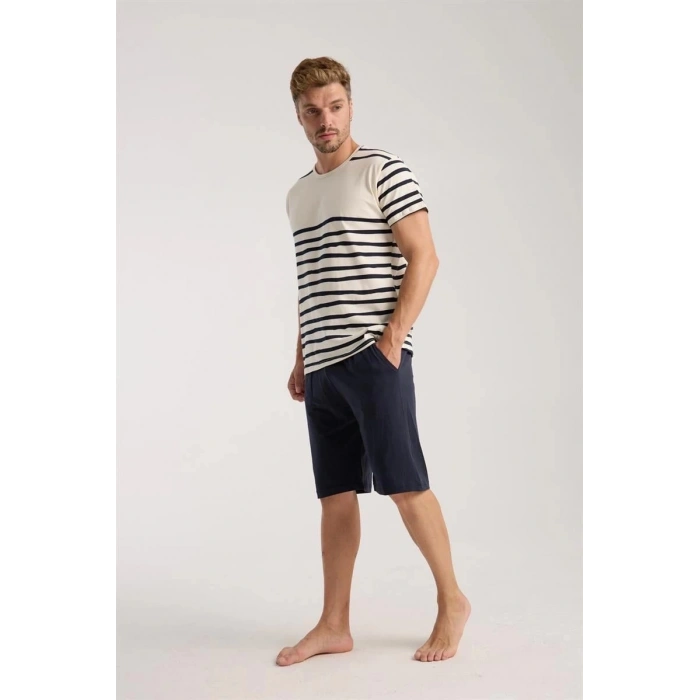 Erkek Krem Sıfır Yaka Kısa Kol Şortlu Pijama Takımı