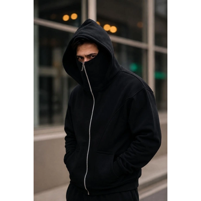 Erkek Maskeli Ninja Model Çift Kapüşonlu 3 İplik Şardonlu Fermuarlı Sweatshirt - Siyah