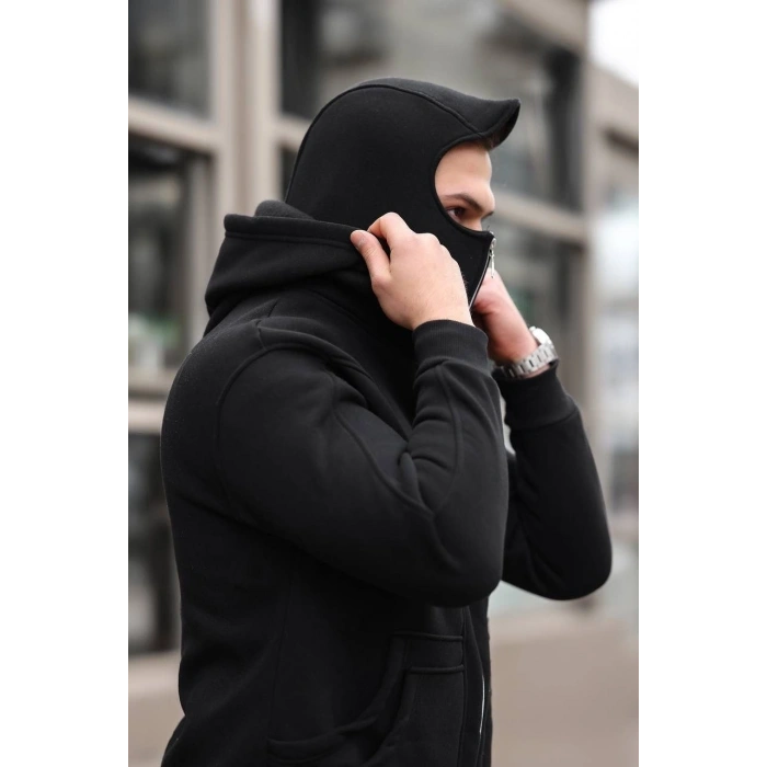 Erkek Maskeli Ninja Model Çift Kapüşonlu 3 İplik Şardonlu Fermuarlı Sweatshirt - Siyah
