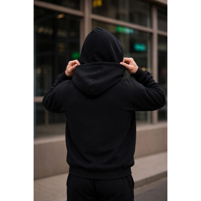 Erkek Maskeli Ninja Model Çift Kapüşonlu 3 İplik Şardonlu Fermuarlı Sweatshirt - Siyah