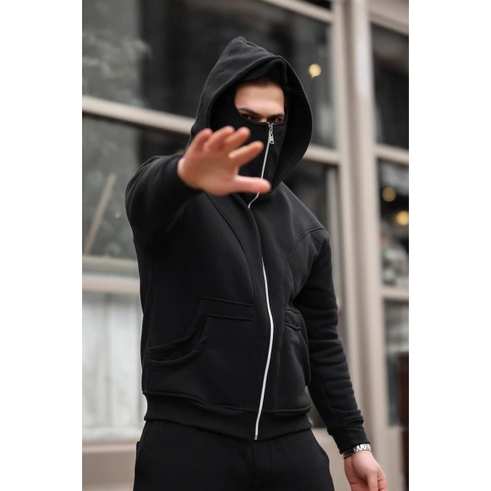 Erkek Maskeli Ninja Model Çift Kapüşonlu 3 İplik Şardonlu Fermuarlı Sweatshirt - Siyah
