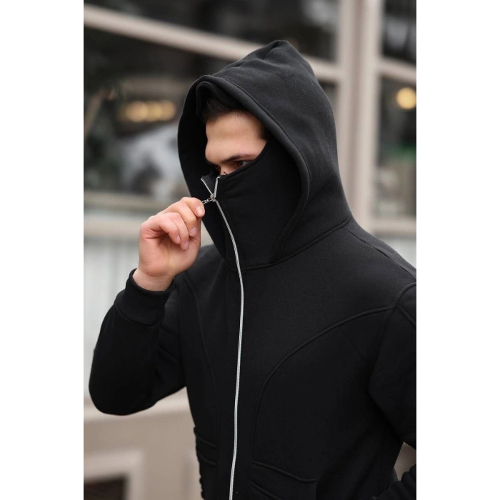 Erkek Maskeli Ninja Model Çift Kapüşonlu 3 İplik Şardonlu Fermuarlı Sweatshirt - Siyah