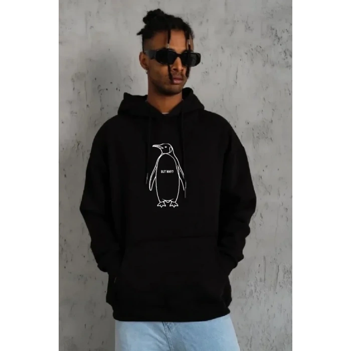 Erkek Nihilist Penguen Özel Tasarım Oversize Kapüşonlu Sweatshirt - Siyah