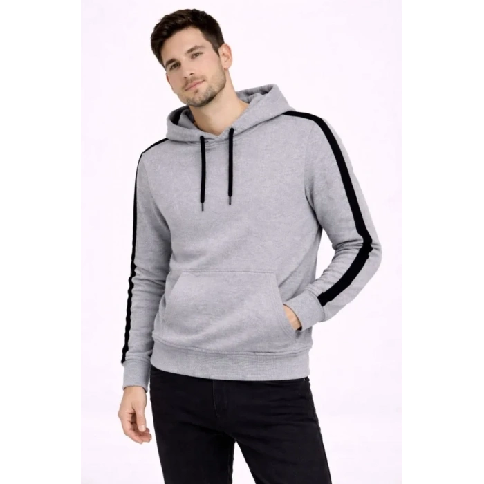 Erkek Şeritli Kapüşonlu Sweatshirt Oversize 3 Iplik Pamuklu - Gri