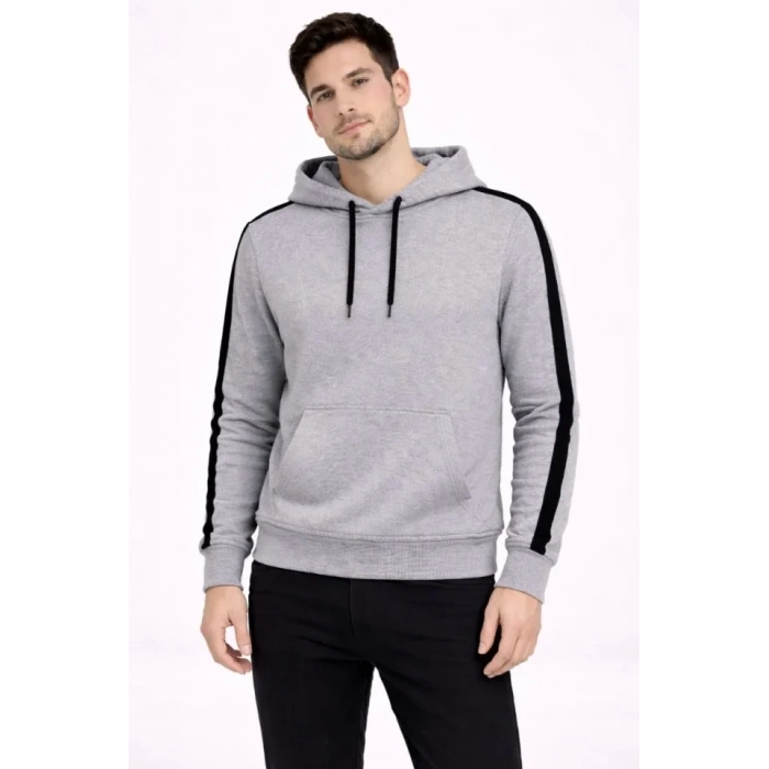 Erkek Şeritli Kapüşonlu Sweatshirt Oversize 3 Iplik Pamuklu - Gri