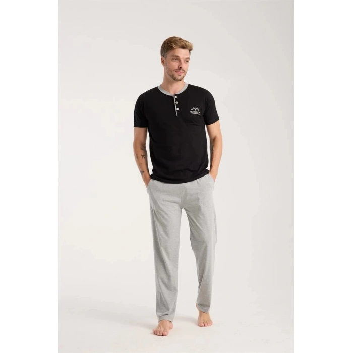 Erkek Siyah Düğmeli Yaka Kısa Kol Pijama Takımı