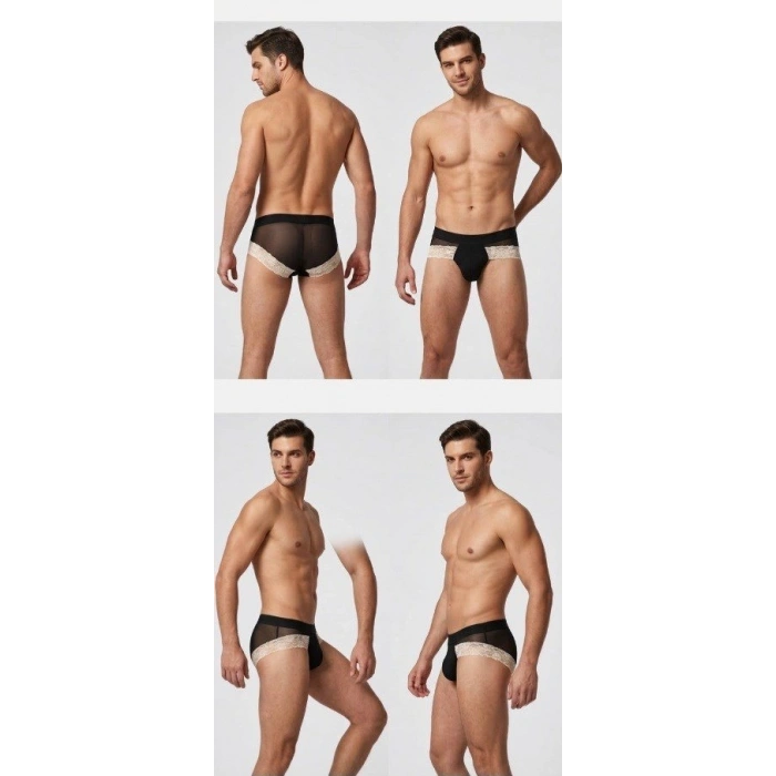 Erkek Siyah Tül Dantelli Slip İç Giyim