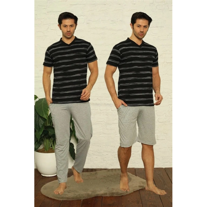 Erkek Siyah V Yaka 3lü Pijama Takım