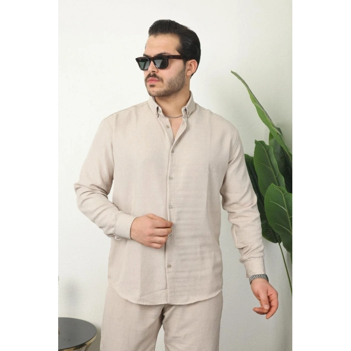 Erkek Sofya Keten Gömlek Pantolon Alt Üst Takım Uzun Kollu - Krem
