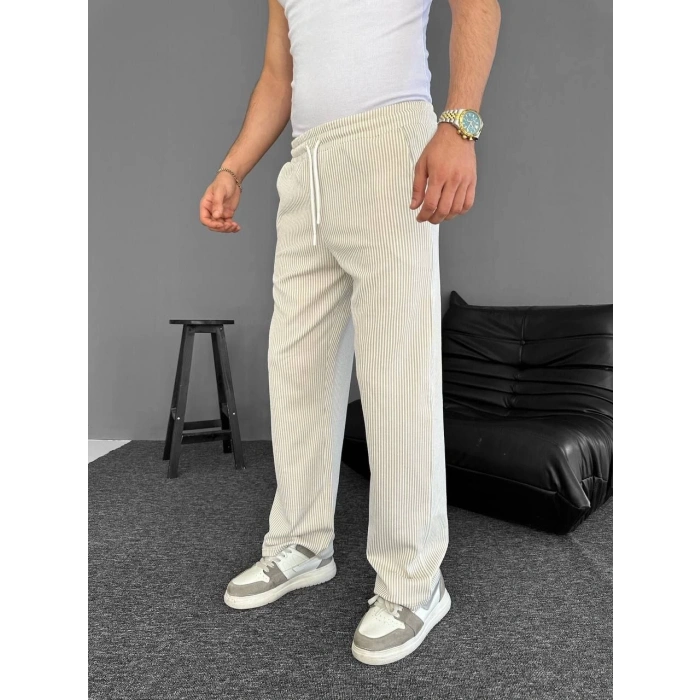Erkek Su Yolu Çizgili Cepli Pantalon  - Bej