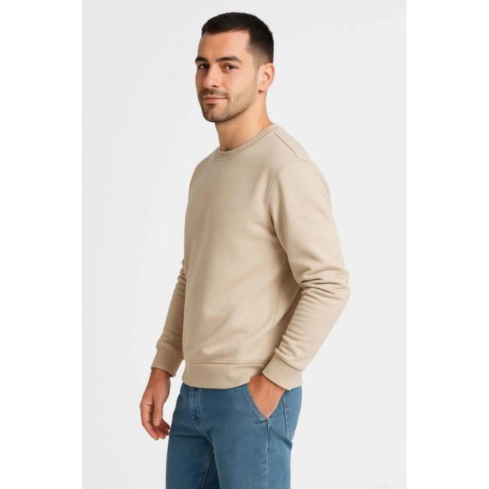Erkek Üç İplik Düz Bisiklet Yaka SweatShirt - Bej