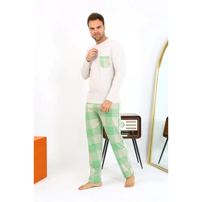Erkek Uzun Kol Penye Krem Pijama Takımı