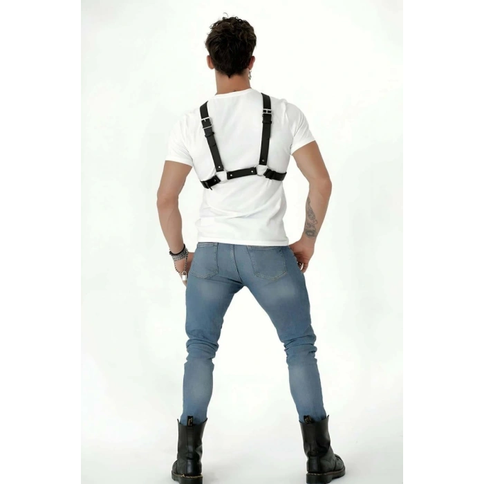 Göğüs Detaylı Arkadan Bağlamalı Erkek  Deri Harness - m84