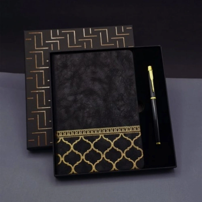Gold Desen Siyah Deri Defter Kalem Set