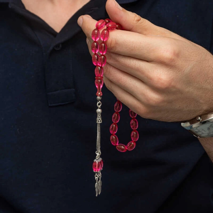 Gümüş Püsküllü Pembe Ateş Kehribar Tesbih