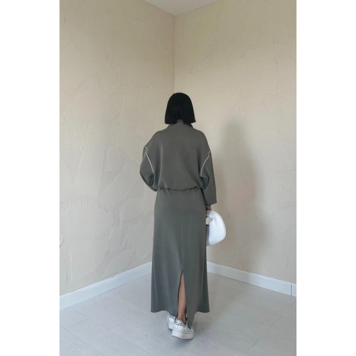 Haki Biyeli Sweatshirt Ve Etek Takım
