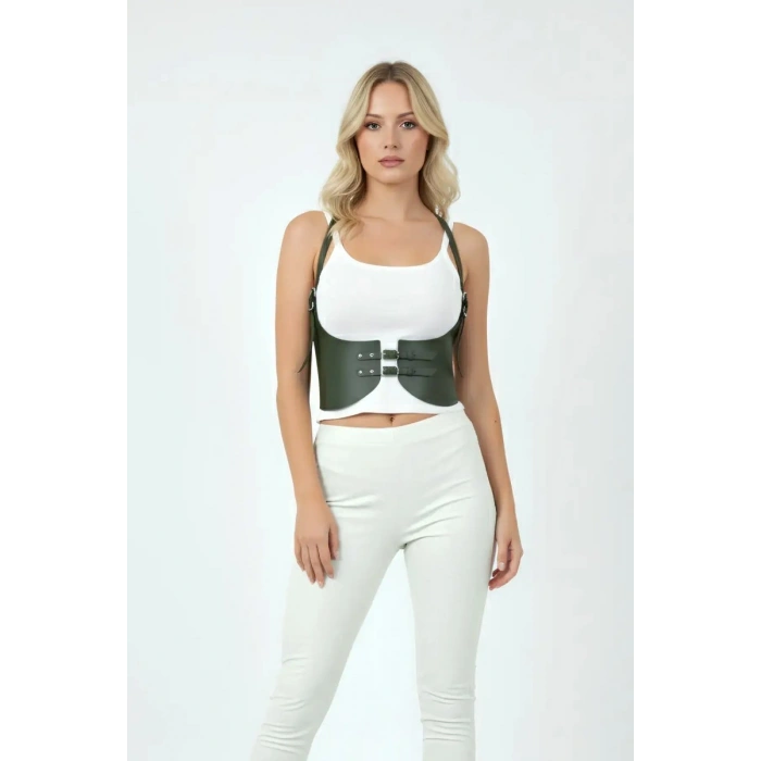 Haki Renk Kalın Kadın Kemeri, Deri Kemer Harness - 605