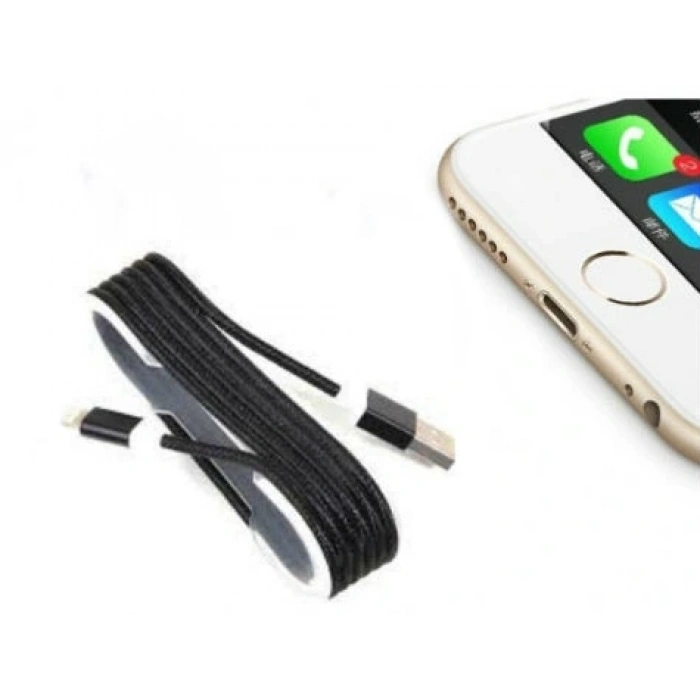 İphone Örgü Şeklinde Renkli Çelik Şarj Data Kablosu - Siyah